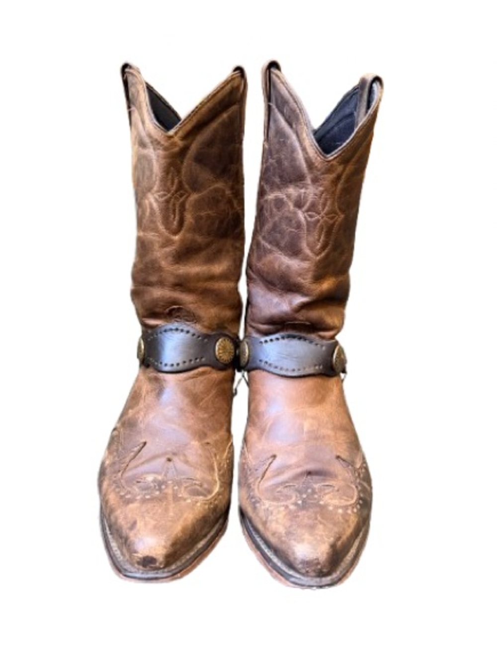 Vintage Brown Leather Western Cowboy Boots Harness Strap Snip Toe Women’s Sz 10